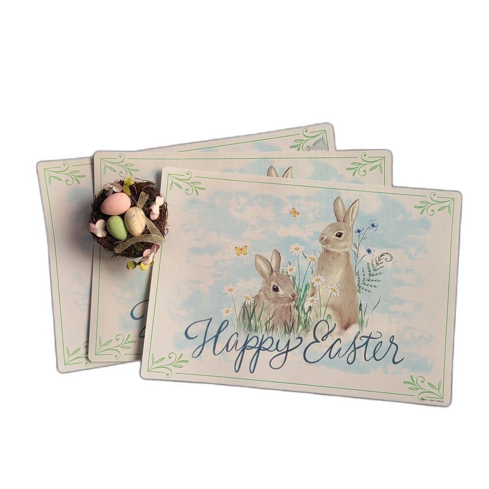 Set of Three Hobby Lobby Reversible Happy Easter Bunny Placemats w/ Bird Nest